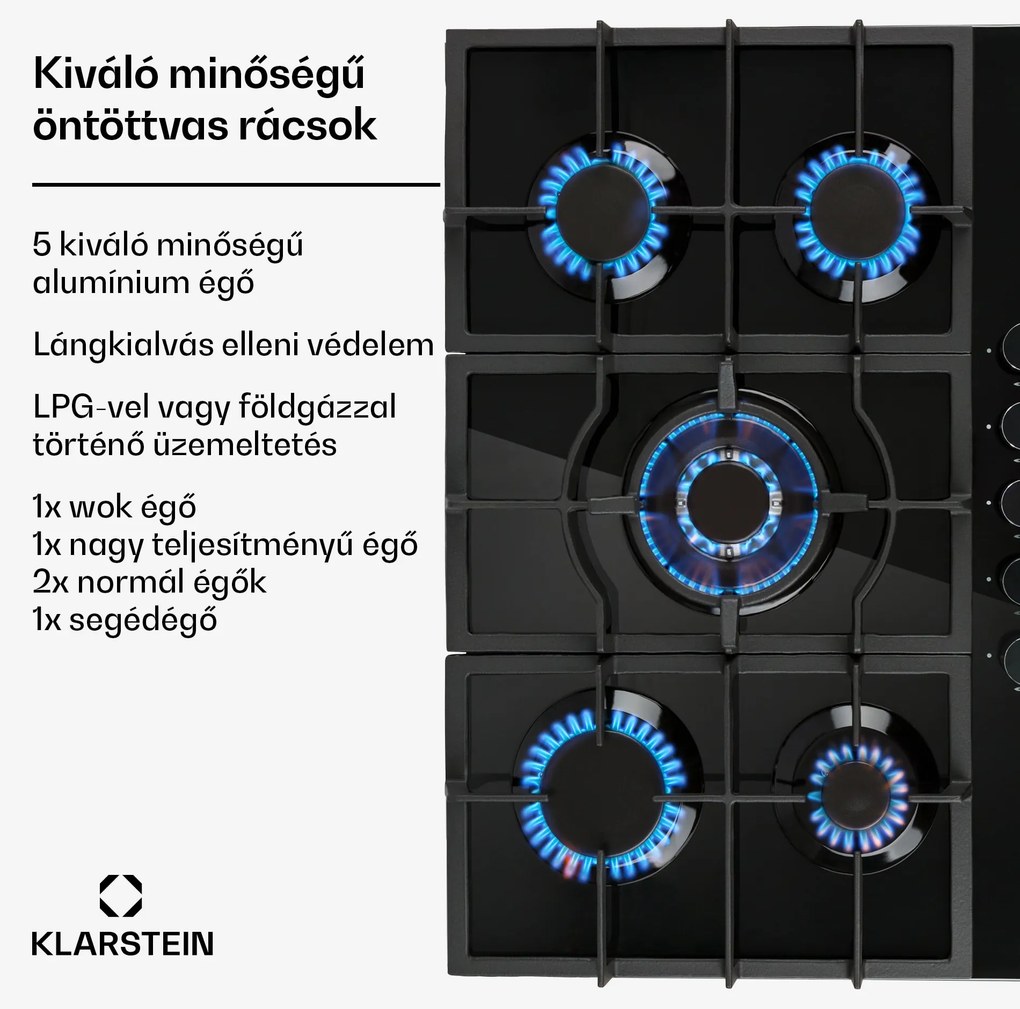 Klarstein Ignito 5, gázfőzőlap, 5 Sabaf égő, üvegkerámia, fekete