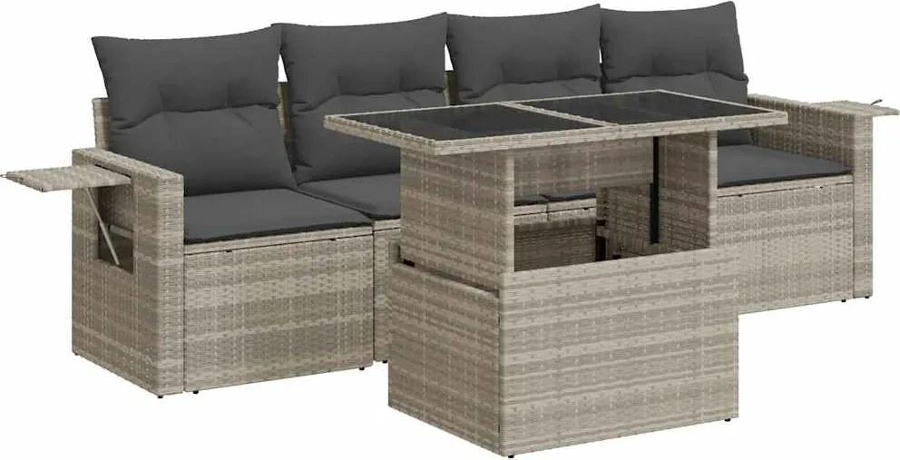 vidaXL 5 részes világosszürke polyrattan kerti ülőgarnitúra párnákkal