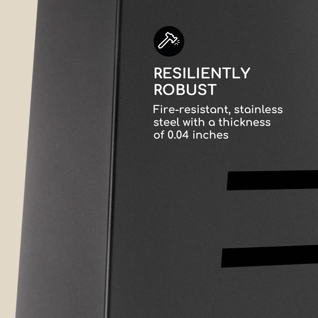 Blumfeldt Monument, kerti kandalló, rozsdamentes acél, faszén tárolótér, fekete