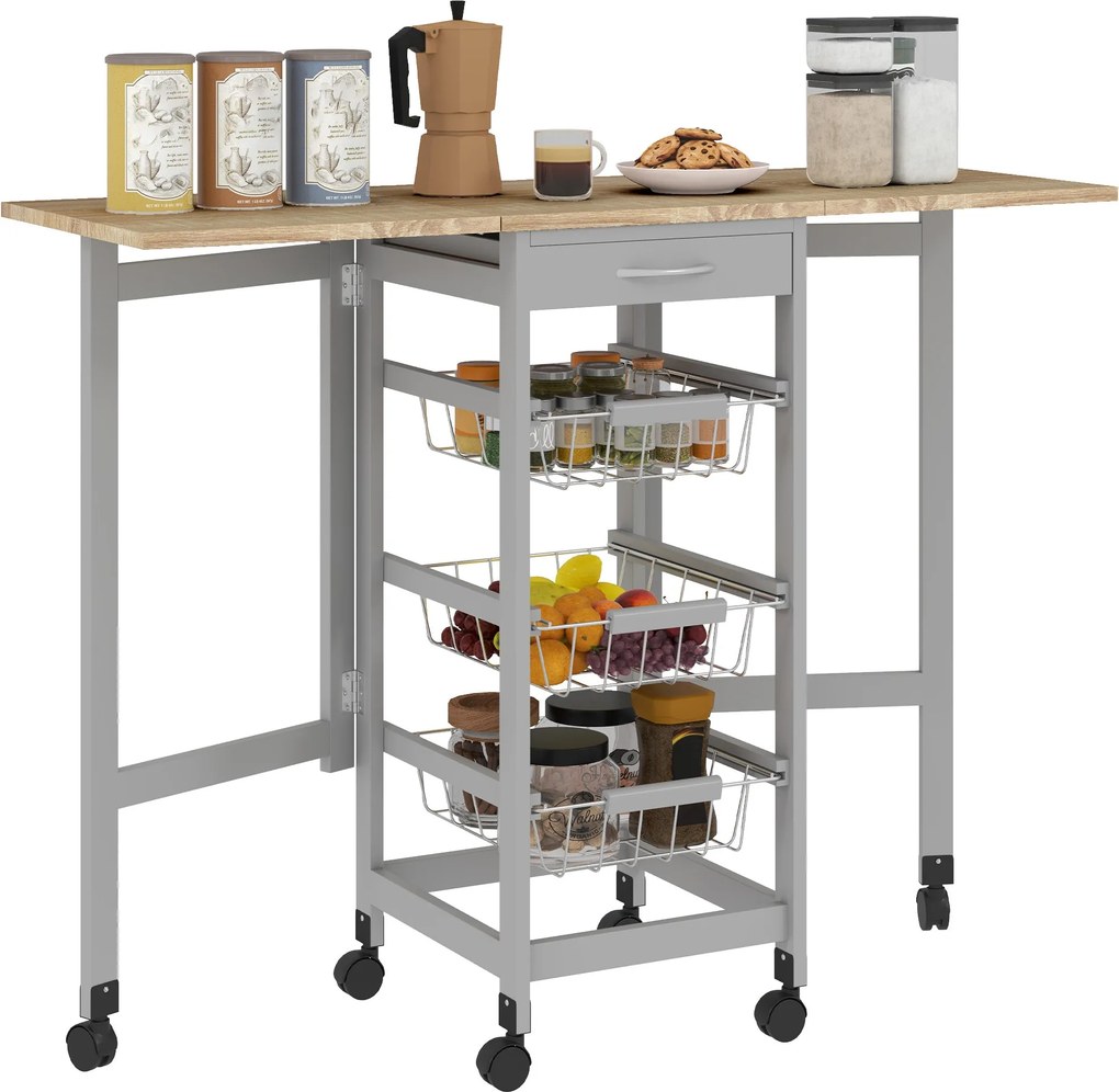 HOMCOM Összecsukható Konyhai Kocsi 6 Kerekekkel, 3 Kosárral, Fiókkal és 2 Lehajtható Oldallappal, MDF és Fém Konyha Trolley, 37x37x77.5 cm, Szürke és
