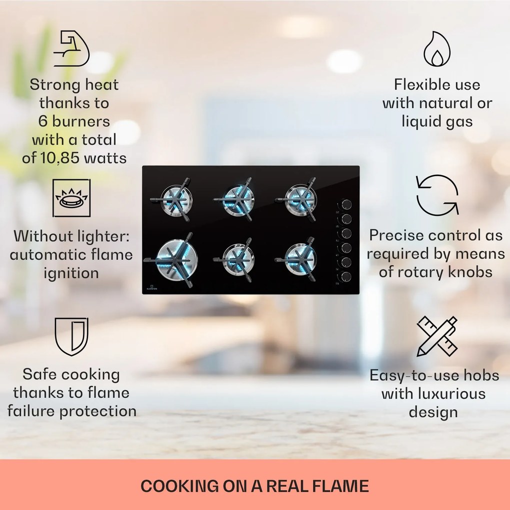 Klarstein Trifecta 6 gázfőzőlap, 6 égő, nagy, normál és kiegészítő égők, üvegkerámia