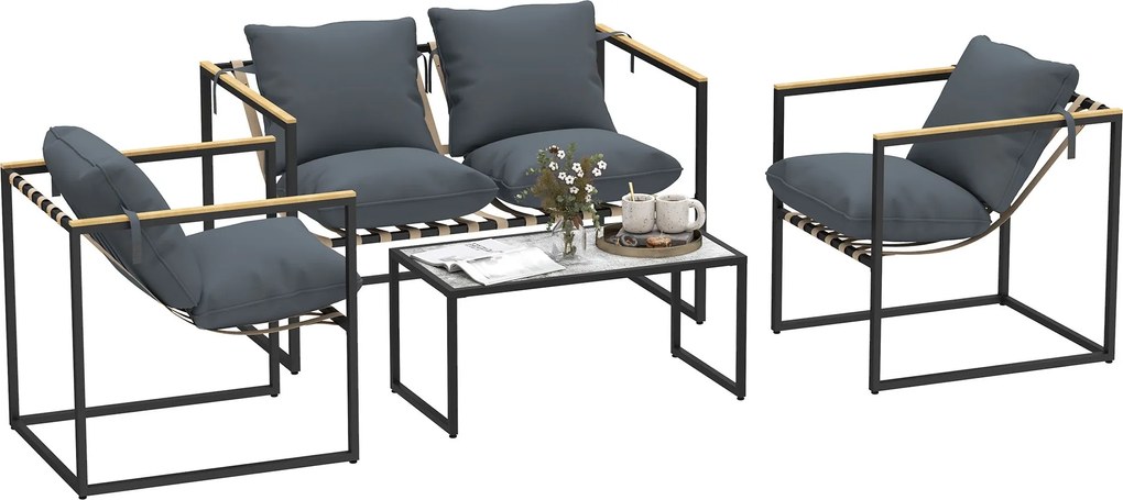 Outsunny Acél Kerti Bútor Szett 4 Fő Részére Időjárásálló Erkély Bútor Szett 2 Személyes Kanapéval, 2 Karosszékkel, Ülőpárnákkal, Oldalasztallal, Kült
