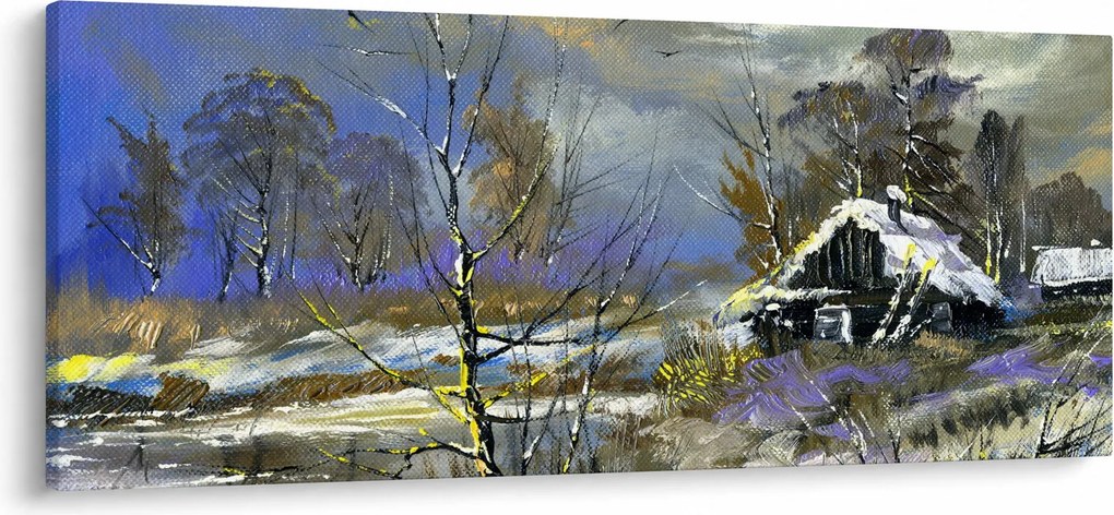 Téli tájon lévő házikó képe, olajfestmény (120x50 cm)