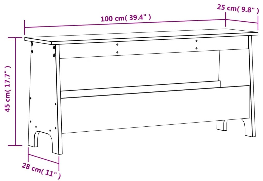 tömör fenyőfa előszoba pad 100 x 28 x 45 cm