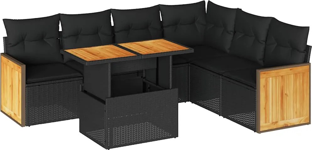 vidaXL 7 részes fekete polyrattan akácfa kerti ülőgarnitúra párnával