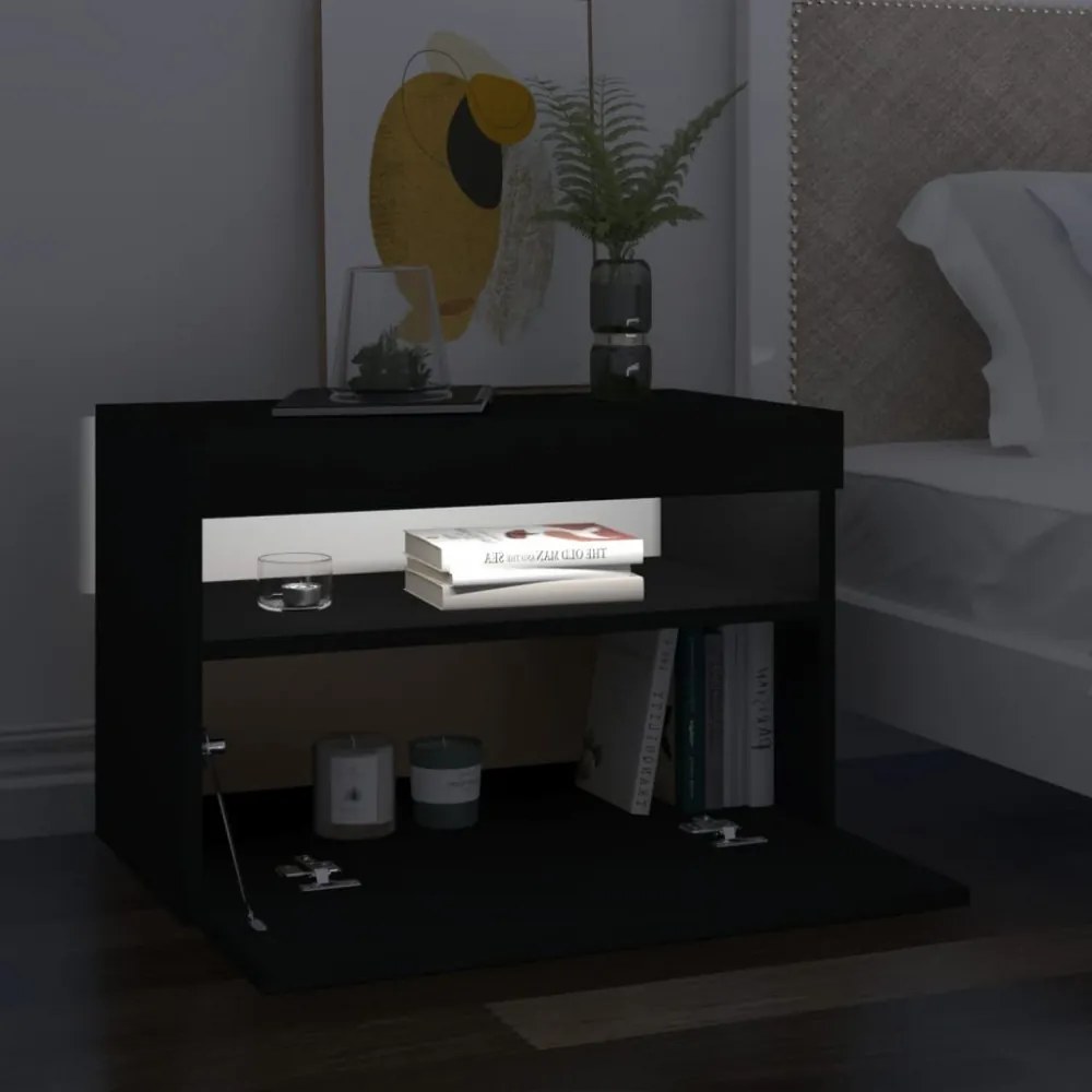 fekete éjjeliszekrény LED-lámpákkal 60x35x40 cm szerelt fa