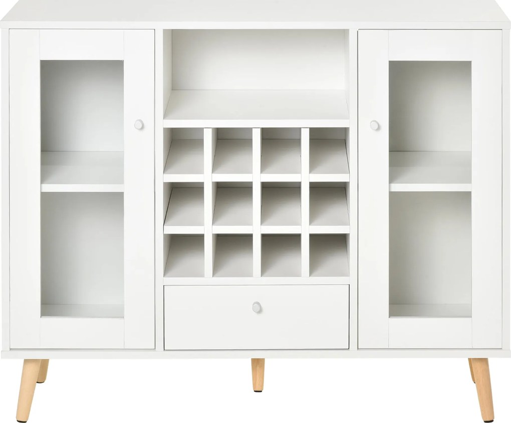 HOMCOM Konyhai Oldalszekrény Bufétél tárolására borászképességgel, fiókkal, nyitott polccal és 2 üvegesajtóval ellátva Modern Étkezőasztalhoz 100x33x8