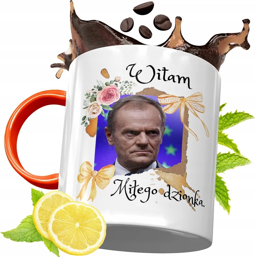 Donald Tusk Narancssárga Bögre Ajándék, fényképes nyomattal