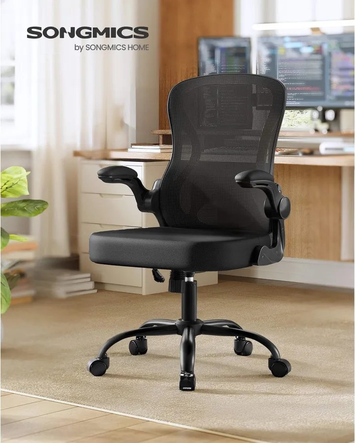 Ergonomikus irodai szék hálós háttámlával, deréktámasszal és felhajtható kartámasszal, fekete