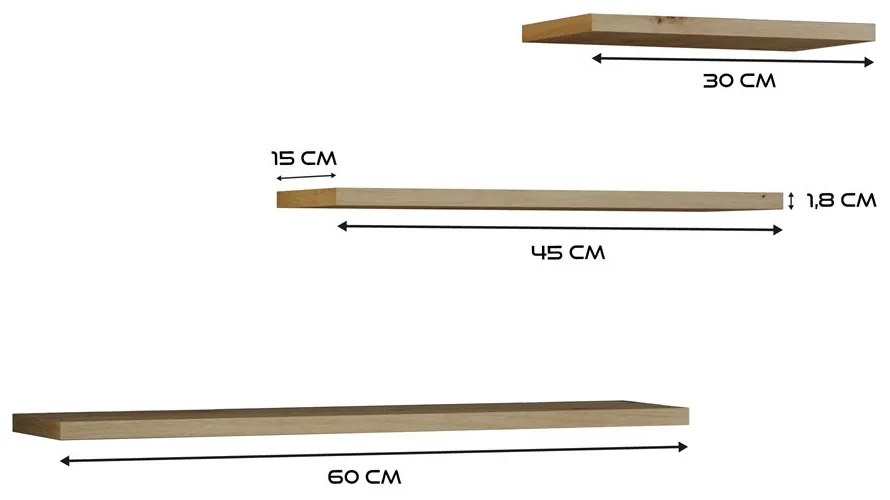 Shannan Tobi 3P fali lebegőpolc (3db), 60x1.8x15 cm, tölgy