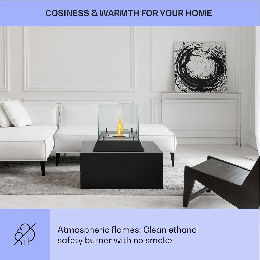Klarstein Phantasma Cubo, etanol kandalló, rozsdamentes acél égő, füst- és szagmentes, biztonsági üveg