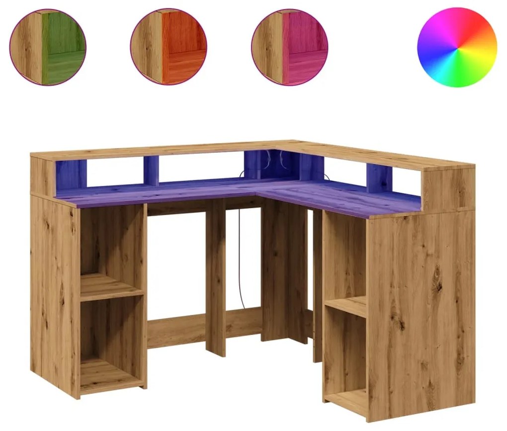 kézműves tölgy színű szerelt fa LED-es íróasztal 130x130x91 cm