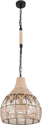 Globo 15671H Függeszték matt fekete fém váz, barna kenderkötéllel körbefonva. Ø:300, H:1350, fényforrás nélkül 1xE27 60W 230V