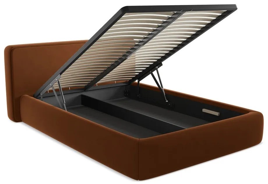 Terrakotta színű kárpitozott ágyneműtartós franciaágy ágyráccsal 140x200 cm Kiana – Makamii