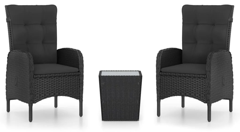 3 részes fekete polyrattan és üveg kerti bisztrószett