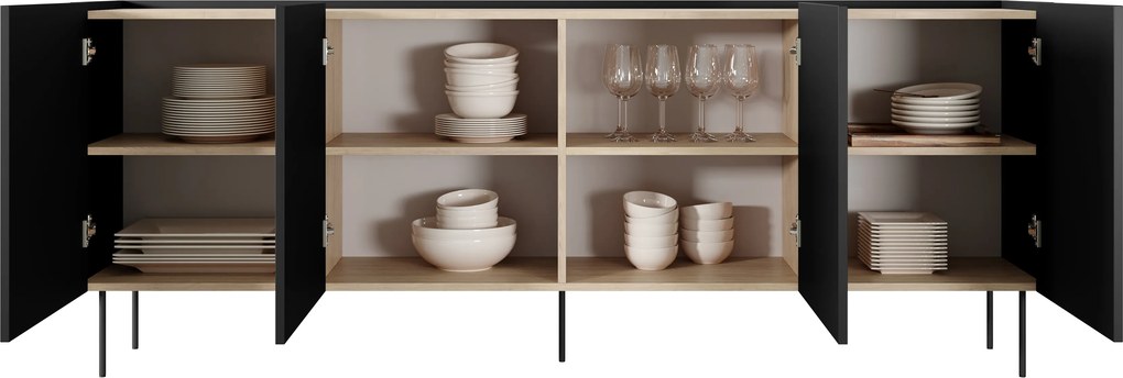 Desin komód 220 cm négyajtós - fekete matt / nagano tölgy