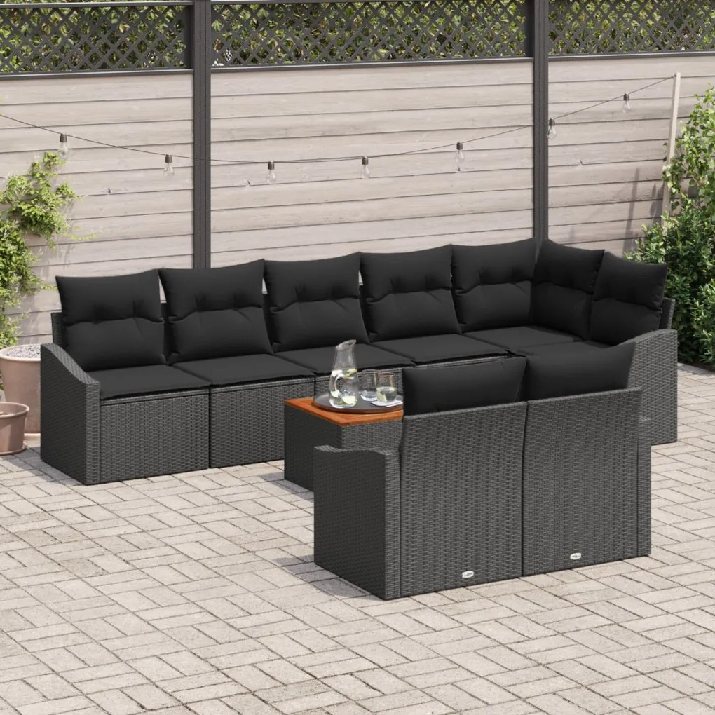 9 Darabos Kerti Sofa Szett Párnákkal Fekete Poli Rattan Akáciából