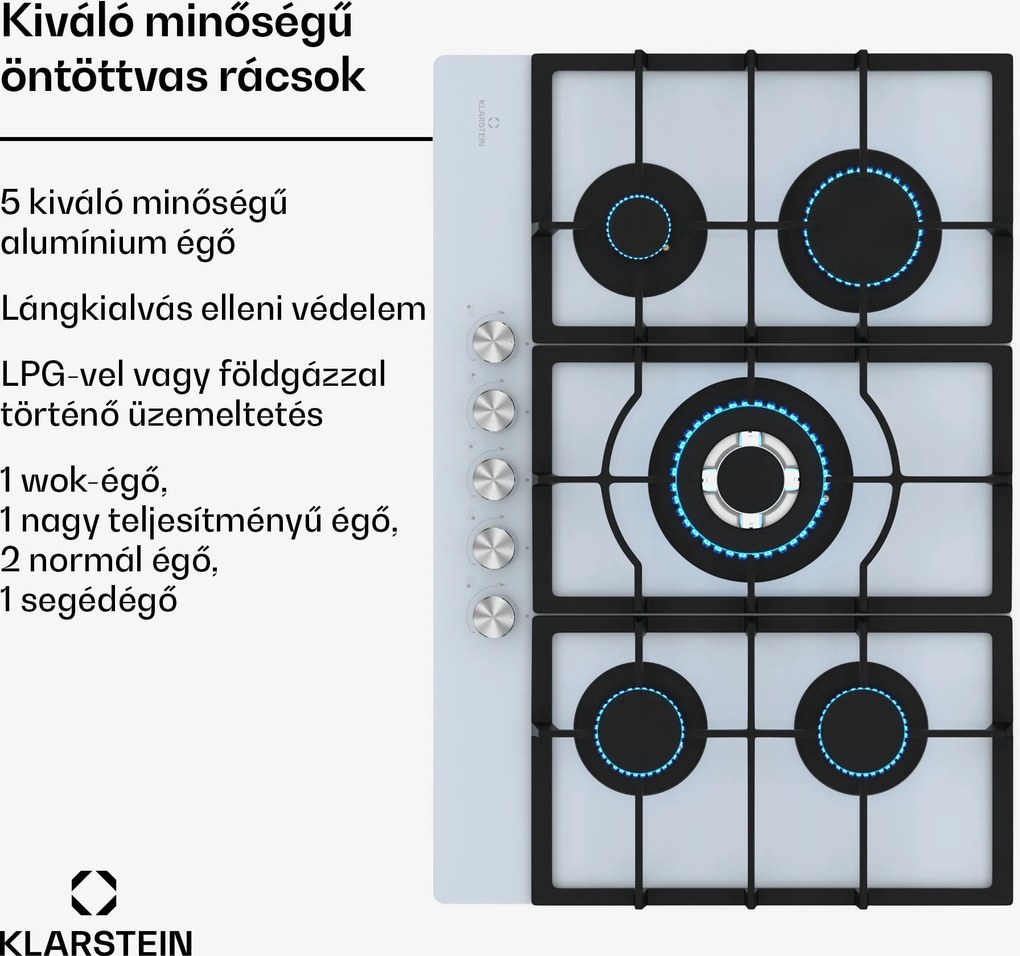 Klarstein Ignito 5 zónás gáz főzőlap, 5 Égő, elektr. gyújtás, Wok, cseppfolyósított vagy földgázhoz