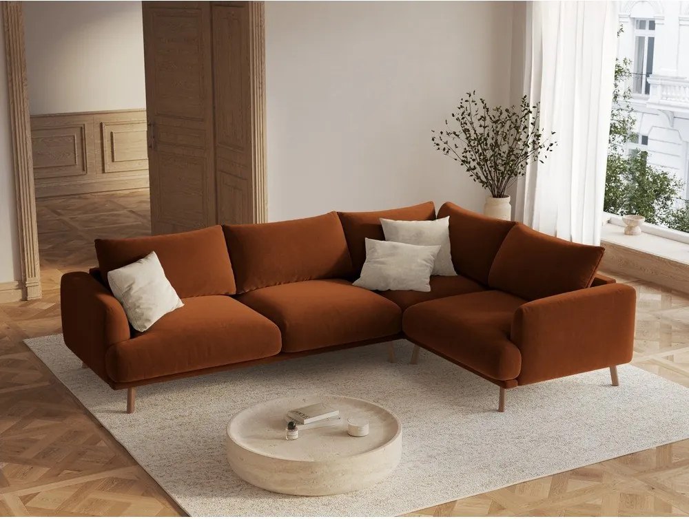 Terrakotta színű bársony sarokkanapé (jobb oldali-L alakú) Naomi – Micadoni
