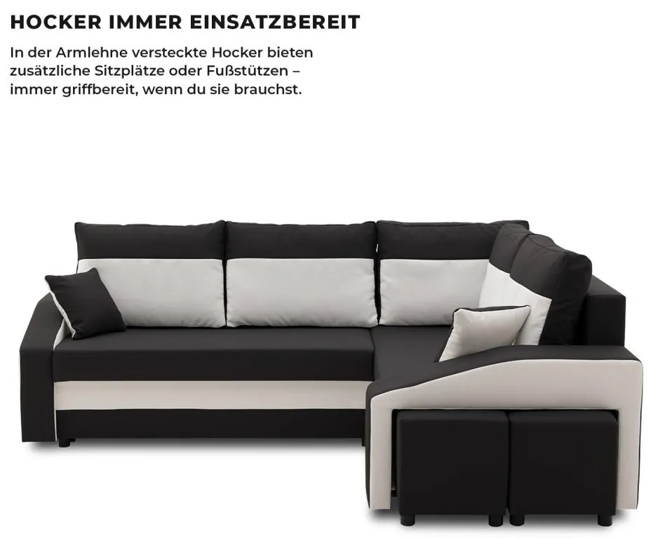 Grande sarokkanapé polcokkal és puffokkal , polc a bal karfaban puffok a jobb karfaban, jobboldali, szövet anyag, hab töltet, fekete - fehér