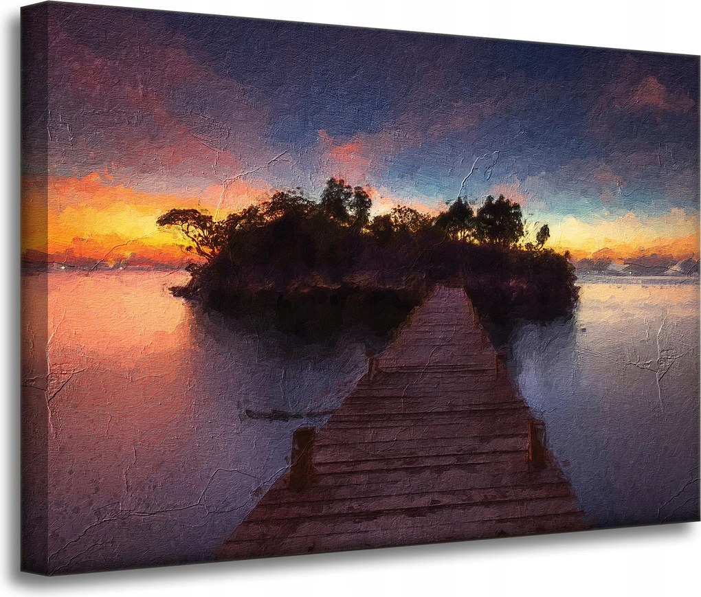 Vászonkép Fa híd naplemente víz 70x50 cm