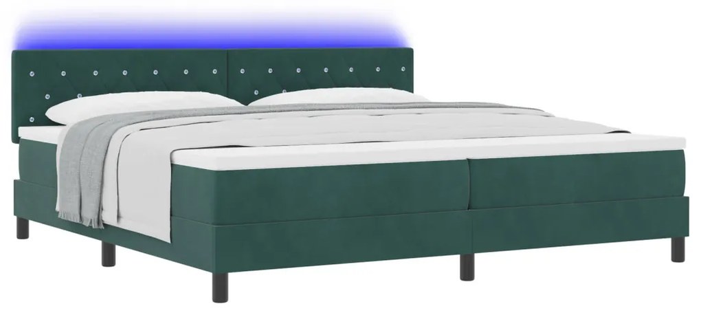 Box Spring Ágy Matrac & LED Sötét Zöld 200x200 cm Bársony