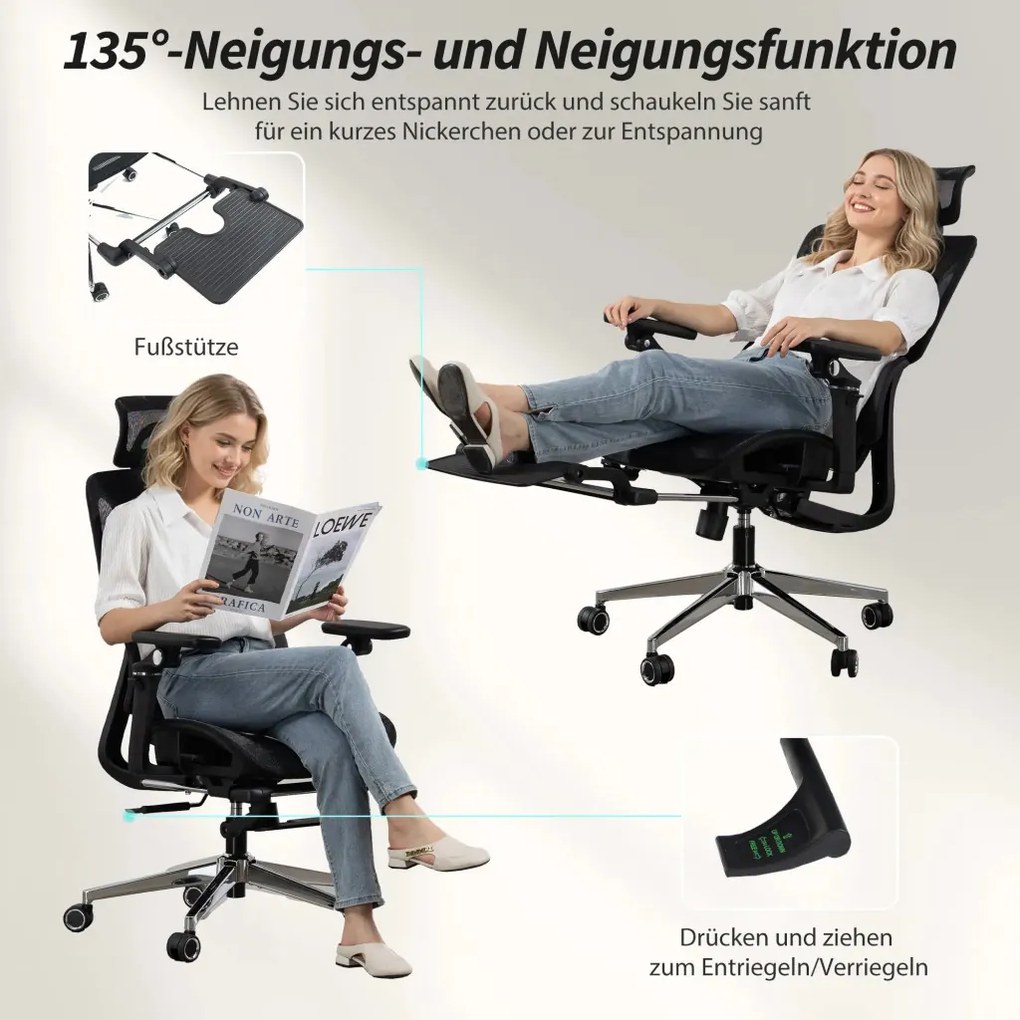 HOMCOM Prémium ergonomikus irodai szék, állítható derék- és fejtámlával, 6D karfákkal, lábtartóval, hálós, fekete