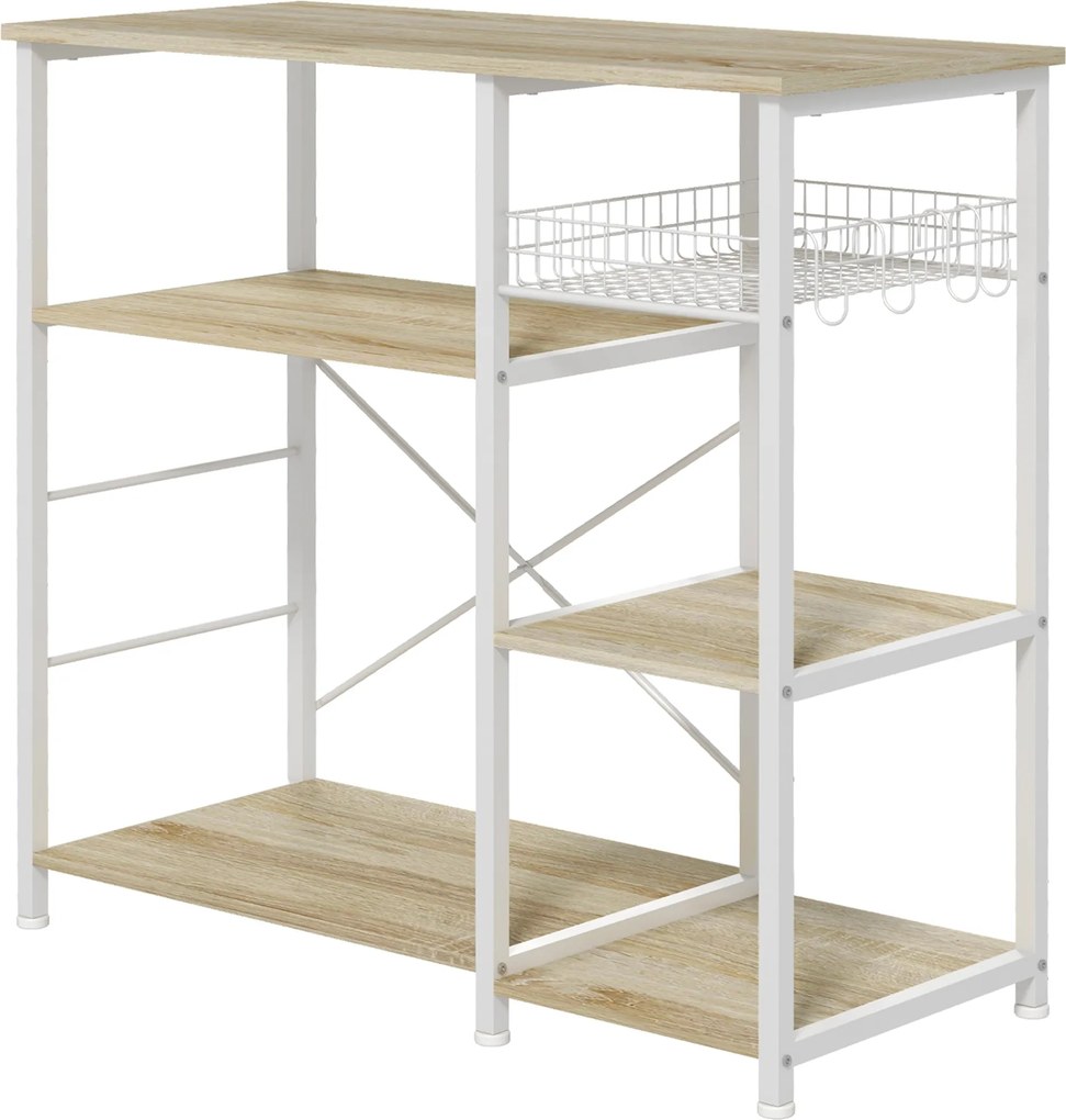 HOMCOM Modern Konyhai Polc 1 Kosárral, 4 S-alakú Akasztóval, 6 Állítható Talppal és Polccal 90x40x84.5 cm Tölgy és Fehér | Aosom