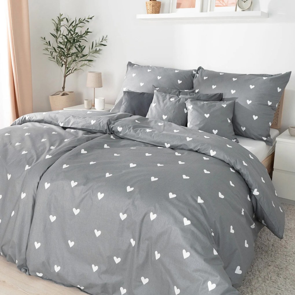 Goldea pamut ágyneműhuzat - szívecskék, szürke alapon 140 x 220 és 70 x 90 cm