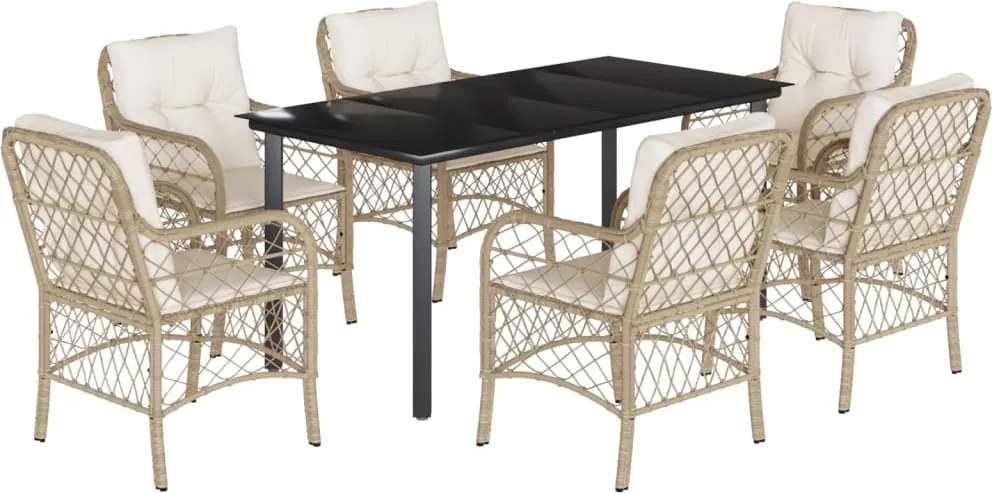 vidaXL 7 részes bézs polyrattan kerti étkezőgarnitúra párnákkal