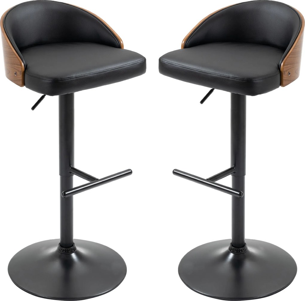 HOMCOM 2 db Bárszék Készlet, Kárpitozott Bárszék Acélból és Tömbfából, Magasságban Állítható Konyhai Székek Lábpihenővel, 360°-ban Forgó, Pult Székek