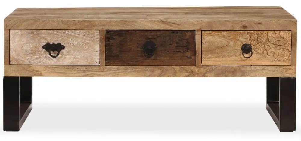 3-fiókos tömör mangófa dohányzóasztal 90 x 50 x 35 cm