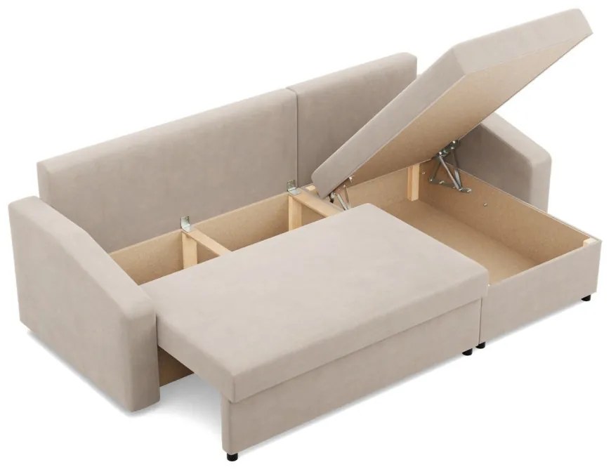 Zeus sarokkanapé, 2 ágyneműtartóval, döntött kartámasz, bársony, univerzális oldal, bonell töltet, bézs