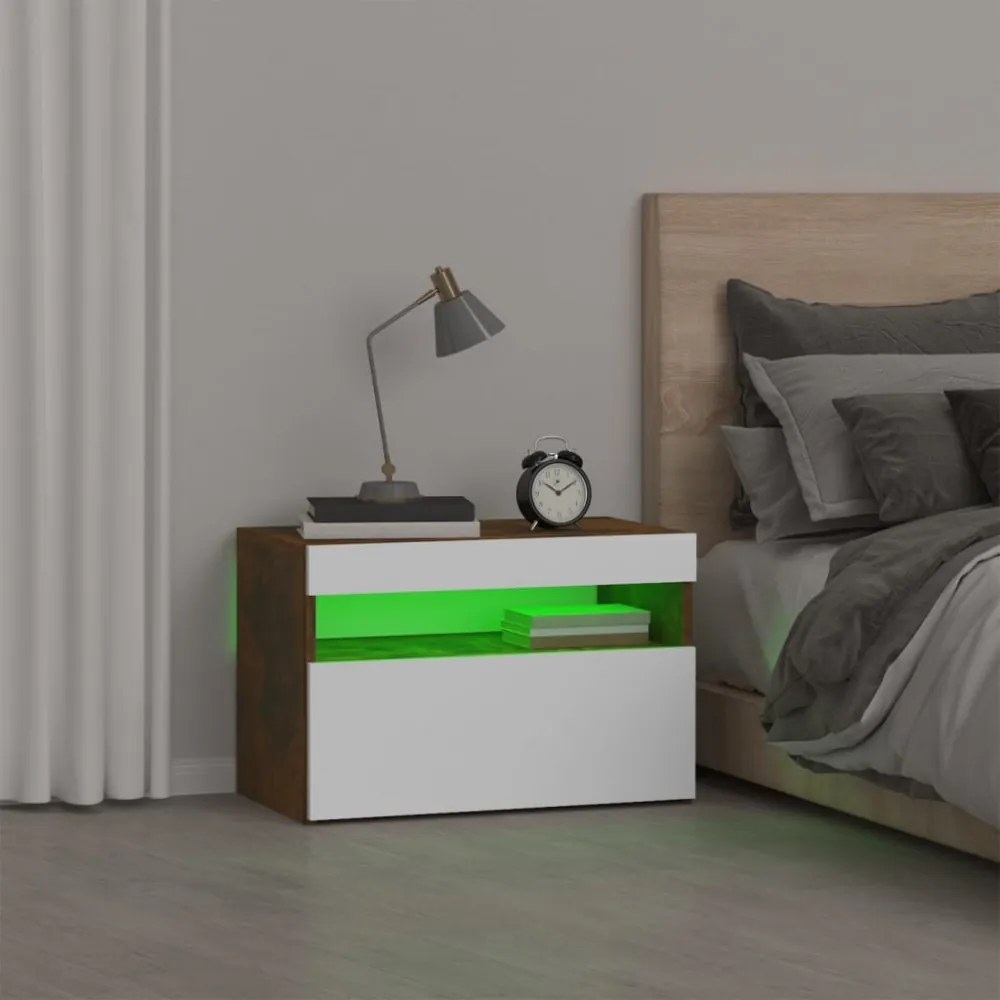 füstös tölgy színű éjjeliszekrény LED világítással 60x35x40 cm
