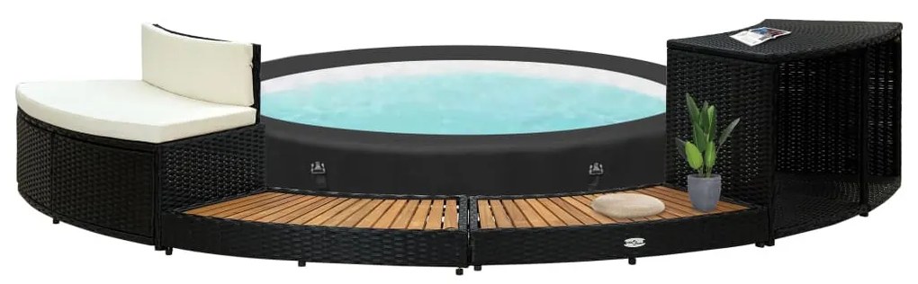 fekete polyrattan és tömör akácfa pezsgőfürdő keret