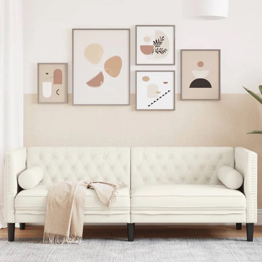 3 személyes krémszínű bársony Chesterfield kanapé párnákkal