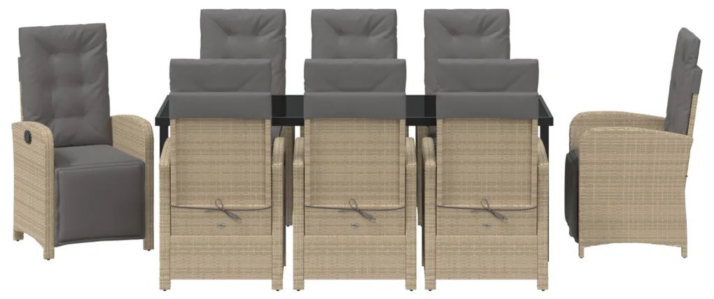 9 Darabos Kerti Étkező Garnitúra párnákkal Bézs Poli Rattan, Kerti Asztal Fekete 200x80x73 cm Edzett Üveg