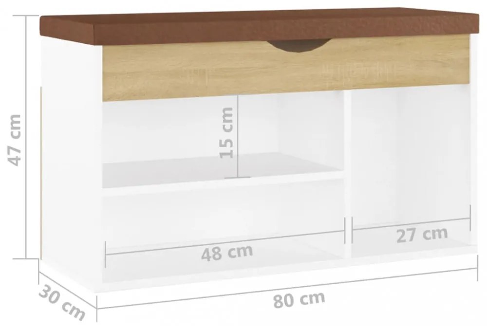 fehér-sonoma szerelt fa cipőtároló pad párnával 80 x 30 x 47 cm
