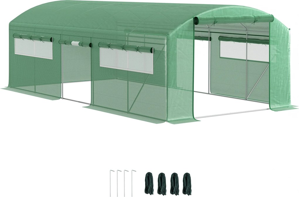 Outsunny 6x3x2 m-es Kültéri Üvegház Tunneles Üvegház 6 Hálóablakkal, UV-ellenálló PE Borítással és 3 Felhúzható Cipzáros Ajtóval Zöld Kertben | Aosom