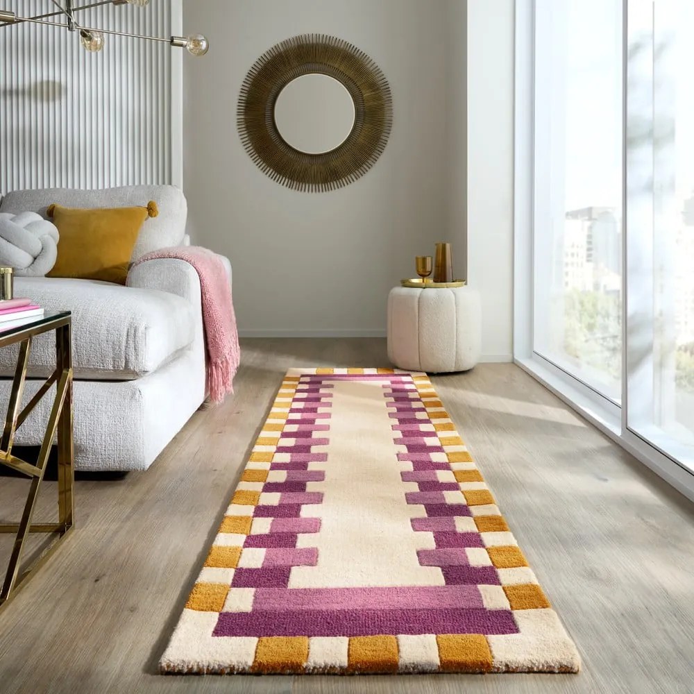 Sárga-rózsaszín kézi szövésű gyapjú futószőnyeg 60x230 cm Kai Wool Border – Flair Rugs