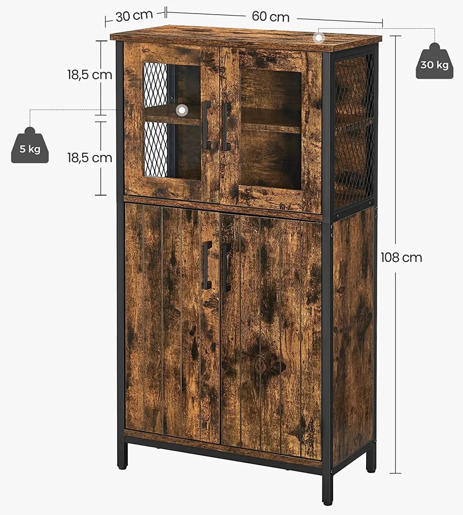 tárolószekrény, többcélú szekrény 60 x 108 x 30 cm, rusztikus barna és fekete
