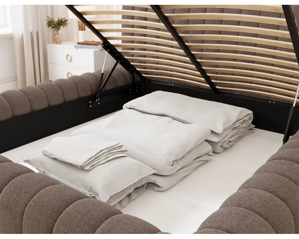 Barna kárpitozott ágyneműtartós franciaágy ágyráccsal 160x200 cm Carilla – ELTAP