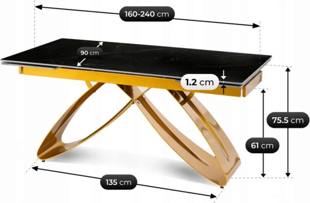 Kihúzható kerámia étkezőasztal 160–240 cm méretben, fekete márvány/arany színben LUIGI