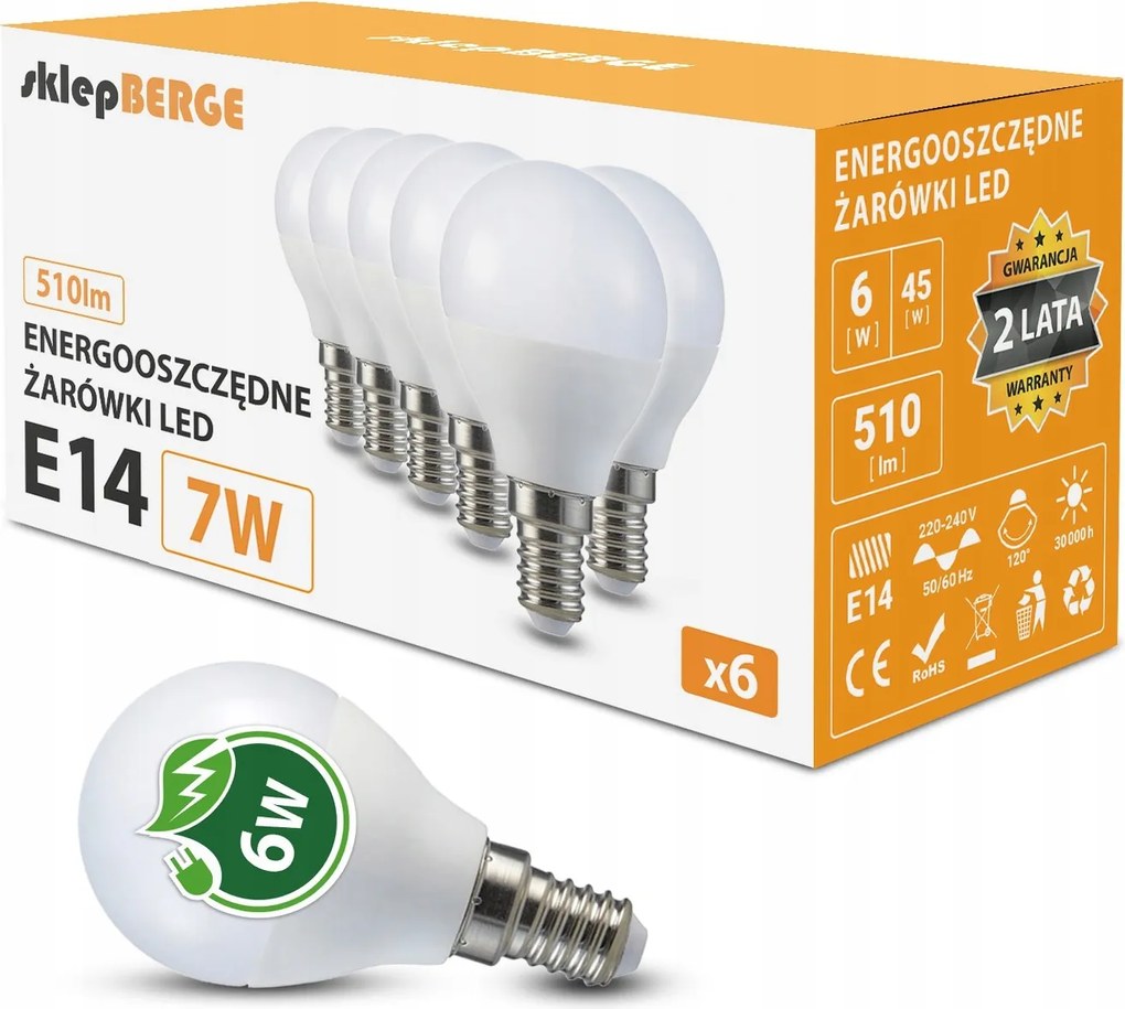 6x Led izzó E14 G45 7W 60W 620lm Hideg szín 6000K Berge