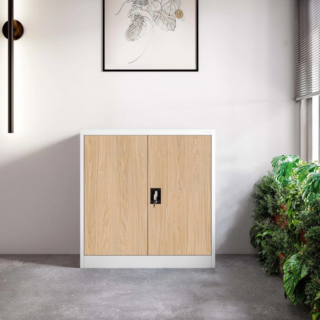 Alacsony fém irattartó szekrény BEATA, 900 x 930 x 400 mm, Eco Design: fehér/ sonoma tölgy