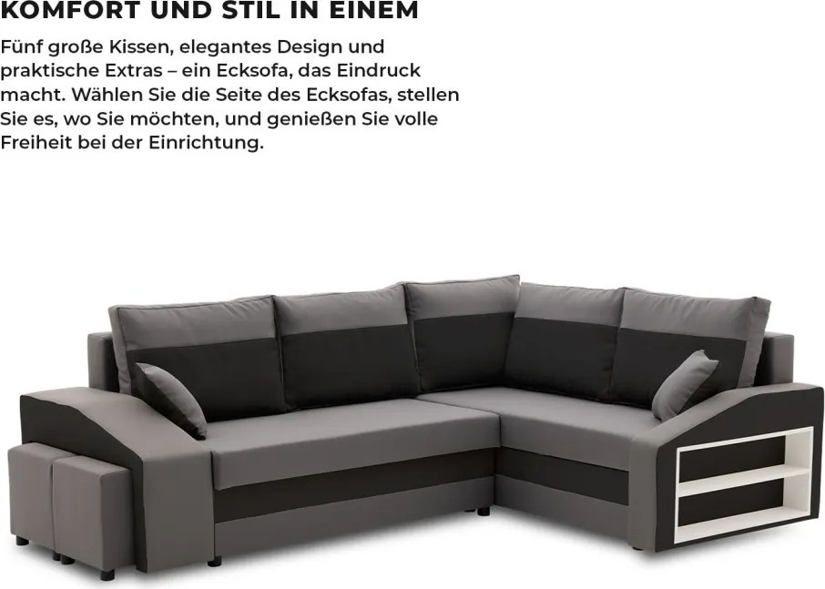 Grande sarokkanapé polcokkal és puffokkal , polc a jobb karfaban puffok a bal karfaban, jobboldali, szövet anyag, hab töltet, szürke - fekete