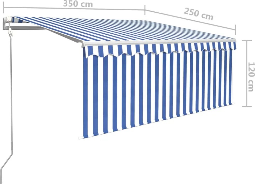 Kék/fehér redőnyös, LED-es, szélérzékelős napellenző 3,5x2,5 m