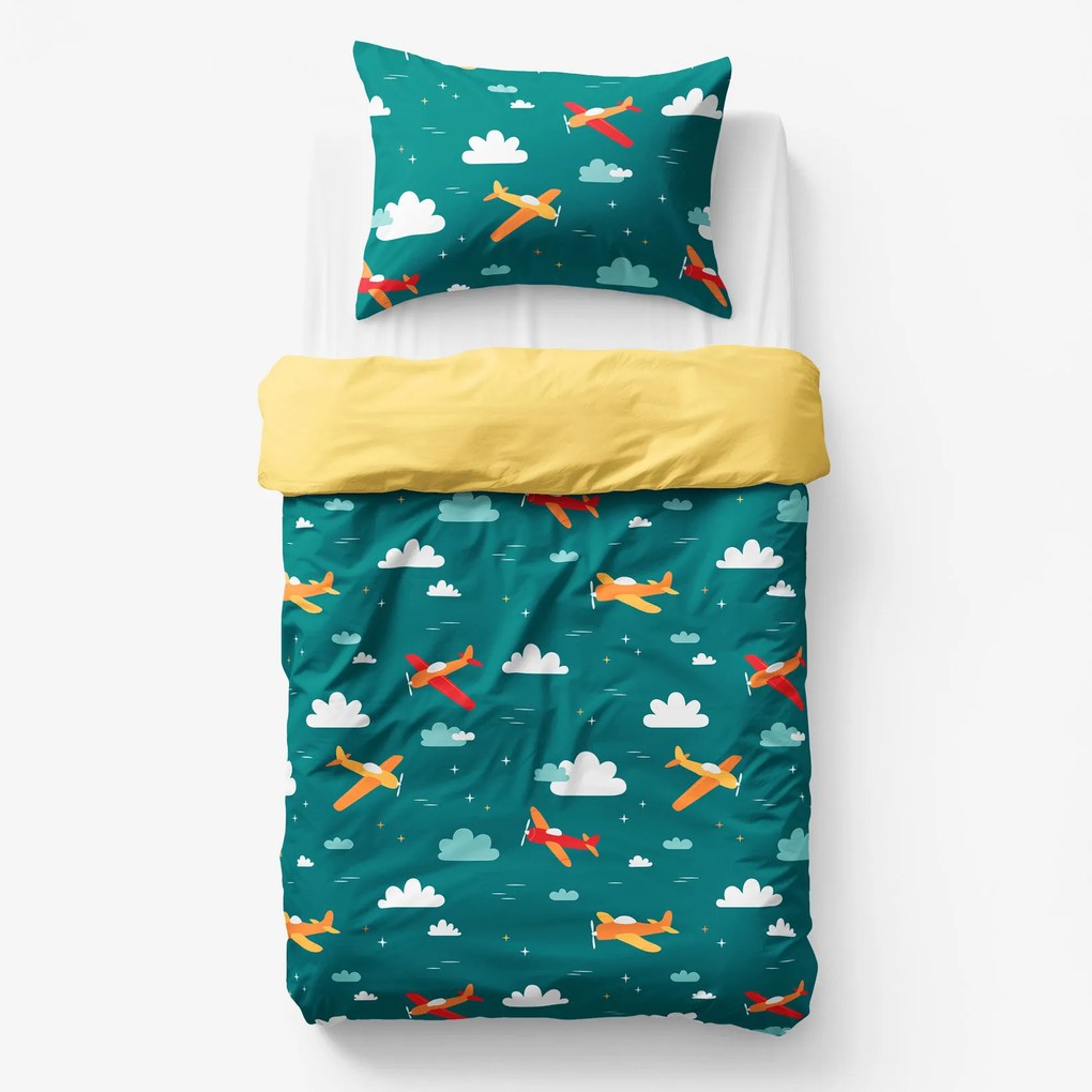 Goldea gyermek pamut ágyneműhuzat duo - repülős kalandok, sárga hátoldal 140 x 200 és 70 x 90 cm
