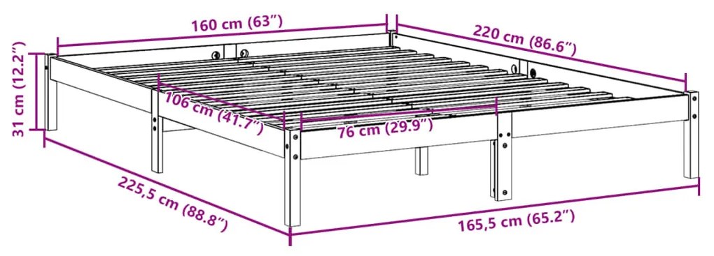 tömör fenyőfa extra hosszú ágykeret matrac nélkül 160 x 220 cm
