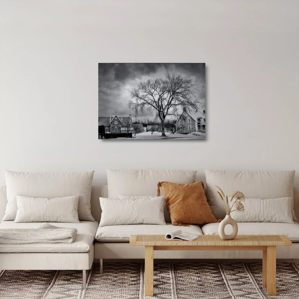 Fekete fehér falu képe (üvegen) (70x50 cm)
